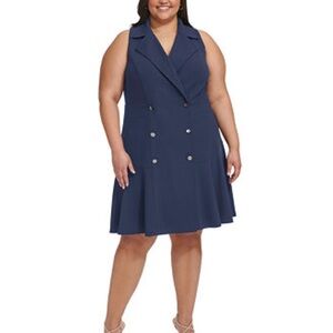DKNY Sleeveless Fit and Flare Blazer Dress Womens 20W Navy Double-Breasted Mini